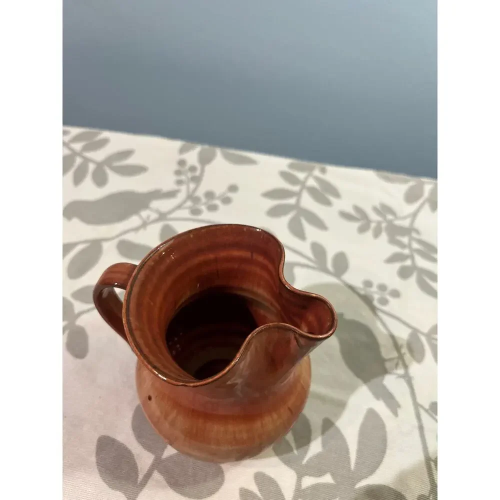 Hand Thrown Studio Pottery Creamer Brown Flambe Glaze Pitcher Signed 1986